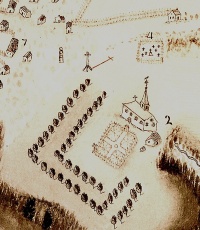 Église (no 2), croix de chemin et cimetière (no 4) à Port-Royal en 1686. Détail d'une carte de Jean-Baptiste-Louis Franquelin © Bibliothèque nationale de France