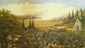 Expulsion of the Acadians / La Déportation des Acadiens. George Craig, 1893, Huile sur toile, 223 x 131 cm, © Musée acadien de l'Université de Moncton, TOUTE REPRODUCTION INTERDITE/ALL REPRODUCTIONS PROHIBITED)