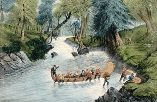 Voyageurs canadiens poussant un canot dans un rapide. BAC