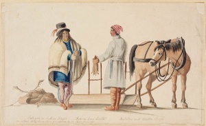 Unknown Artist, Indien et Habitant avec Traîneau [Indian and inhabitant with a Tobogan] (Quebec City) around 1840. BAC