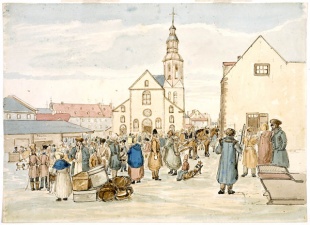 Le marché de la Haute-Ville, la basilique et le séminaire en hiver (Québec). BAC.