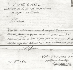 Letter written by Jean-Mandé Sigogne in 1801
