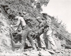 René Bureau (right) accompanied by Euclide Plourde (centre) and his son Ralph (left), ca. 1963.