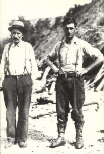 Antoine Plourde and his son Euclide on the beach at Miguasha, in 1937.