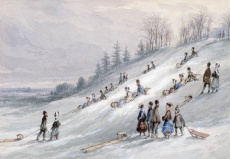 Scène typique de l'hiver canadien : glissade en toboggan près de Montréal, vers 1850. © BAC, collection Coverdale.
