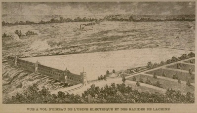 Vue à vol d'oiseau de l'usine électrique et des rapides de Lachine