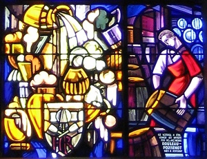 Détail du vitrail dédié à saint Arnould, patron des brasseurs 