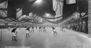 Un match de hockey à la patinoire Victoria, Montréal, QC, photographie composite, 1893