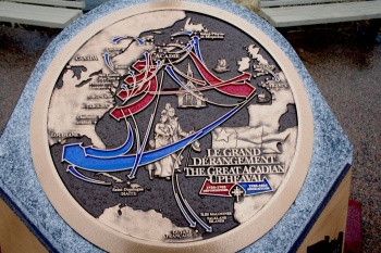 Monument commemorating the Great Acadian Upheaval on the Halifax shoreline opposite Georges Island 