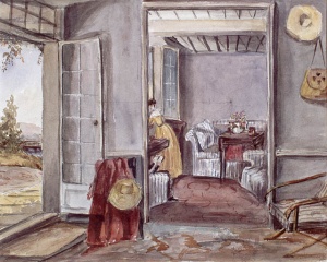 Intérieur du salon, entrée et porte avant du manoir de Beauharnois, 1838