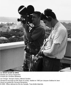 Georges Dufaux et Marcel Carrière pendant le tournage du film Rose et Landry: Tiré du film, Le direct avant la lettre