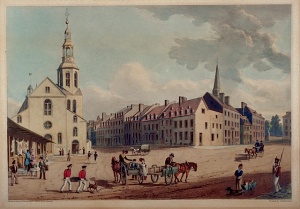 Québec, Bas-Canada. Vue du marché et de l'église catholique depuis les casernes, rue de la Fabrique