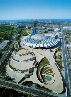 View of the Stadium and the Esplanade from the east (Jean-Paul Riopelle’s sculptural installation La Joute  (below right))