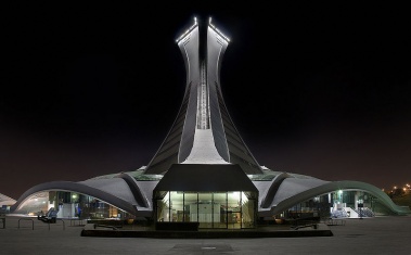 The Montreal Olympic Stadium, seen at night from the back, 2007