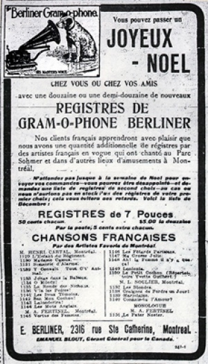 Publicité pour E. Berliner, Montréal, parue en 1903. © La Patrie, Montréal.