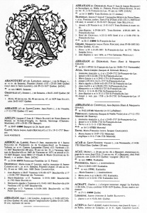 First page of entries listed under ‘A’ in the Dictionnaire généalogique des familles du Québec, by René Jetté