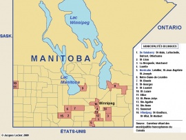 Carte montrant les municipalités bilingues du Manitoba