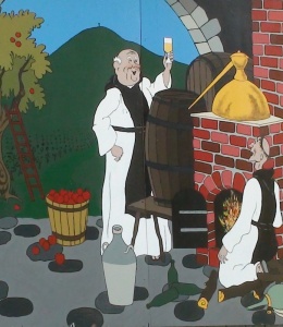 Vue rapprochée d'une affiche montrant les cisterciens à l'oeuvre