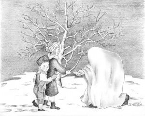 La Mi-Carême distribue ses biscuits aux enfants. Dessin au fusain de Denise  Paquette © Collection Georges Arsenault