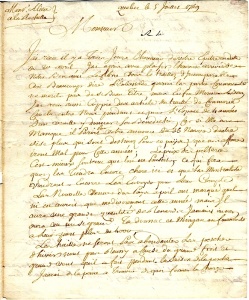 Première page d'une lettre expédiée de Québec par François Havy le 5 juillet 1749 à Joseph Aliés, marchand de La Rochelle impliqué dans le commerce maritime avec la Nouvelle-France