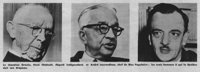 Portraits de Lionel Groulx, René Chaloult et André Laurendeau parus dans un dossier de La Presse consacré au fleurdelisé, 19 juin 1965, p. 14.