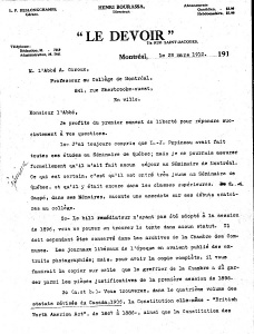 Lettre de Henri Bourassa à l'abbé Alphonse Giroux concernant Louis-Joseph Papineau, Montréal, 29 mars 1912 (page 1)