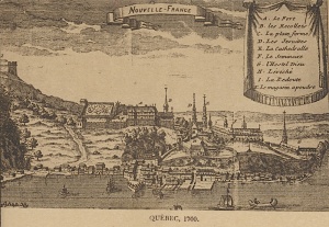 Cette gravure anonyme datant de 1700 illustre bien limportance du site géographique, avec la batterie royale au bord du fleuve et les palissades qui protégeaient les grandes institutions installées sur le promontoire.