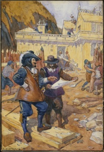 Champlain supervise la construction de son habitation en 1608