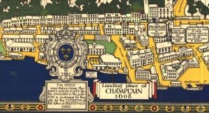 Détail d'une carte historique promotionnelle où l'on voit la rue du Petit Champlain et la Place Royale de Québec, 1932
