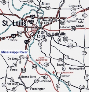 Carte moderne montrant la localisation du fort de Chartres sur la rive est du Mississipi