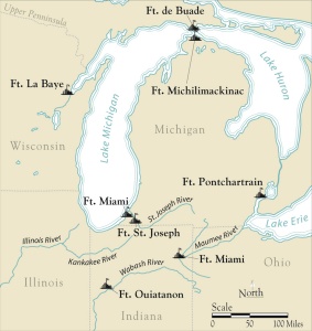 Carte du sud-ouest du Michigan et des régions avoisinantes montrant l'emplacement du Fort Saint-Jpseph et de plusieurs autres sites français du XVIIIe siècle