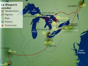Carte de la diaspora ouendate, dispersée en 1649 suite à la destruction de la Huronie