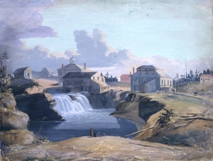 Vue du moulin et de la taverne de Philemon Wright aux chutes des Chaudières, à Hull, sur la rivière des Outaouais, dans le Bas-Canada, 1823