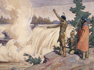 Offrande de tabac à proximité de la grande Chaudière telle quimaginée par C. W. Jefferys vers 1930