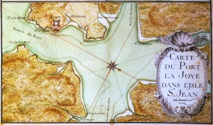 Carte de 1734 montrant Port-la-Joye et ses alentours, avec les propositions de fort et d'habitations.