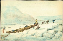 Hommes hissant une embarcation sur la glace, Québec, 1863