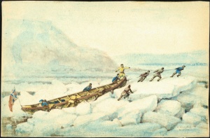 Men hoisting a boat onto the ice, Quebec City, 1863.