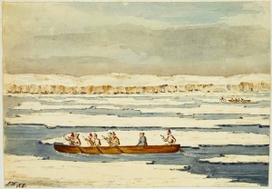 A canoe navigating the ice floes between Quebec City and Lévis.