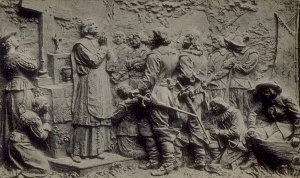 Montréal, monument de Maisonneuve, fondateur de Montréal (1642), bas-relief illustrant la première messe à Ville-Marie le 18 mai 1642