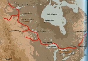 Carte montrant les itinéraires de traite Montréal-Fort William-lac Athabasca