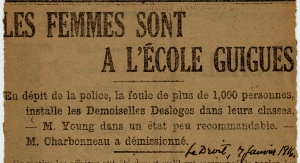 The women are at the Guigues elementary school,close-up of the headline published in the Ottawa newspaper Le Droit, January 7th, 1916.