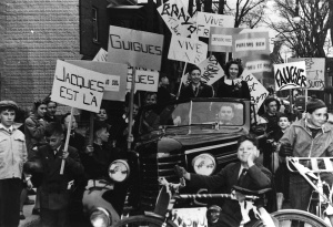 Victory celebration at the Guigues school for the winner of the provincial French public speaking contest, in Ottawa, 1949. 