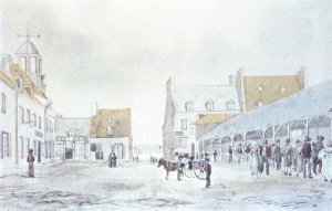 La place du Marché en 1829. Au fond, à droite, on remarque l'auberge Wurtele près du passage menant au fleuve. Aquarelle de James P. Cockburn.