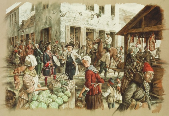 Une journée de marché à Montréal, en 1749. Reconstitution de Francis Back.