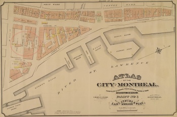 Le site de l'ancien Hôpital général en 1879, traversé par les rues Saint-Pierre et Normand (encerclé en rouge, à gauche)