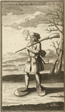 «Canadien en raquettes allant en guerre sur la neige», Bacqueville de la Potherie, 1722