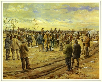 Tableau illustrant l'opposition de Louis Riel à la construction d'une route sur les terres des métis.