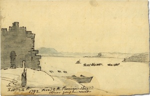 Première illustration d'un pont de glace par Elizabeth Simcoe, en 1792