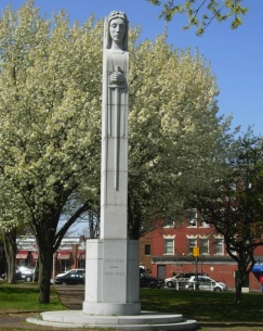 Monument La Victoire du Deuil in Lafayette Place park commemorating the WWI and WWII military service of Franco-Americans from St. Josephs parish