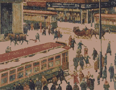 La frénésie du magasinage de Noël à Montréal, immortalisée par Adrien Hébert vers 1940. © Musée national des beaux-arts de Québec.